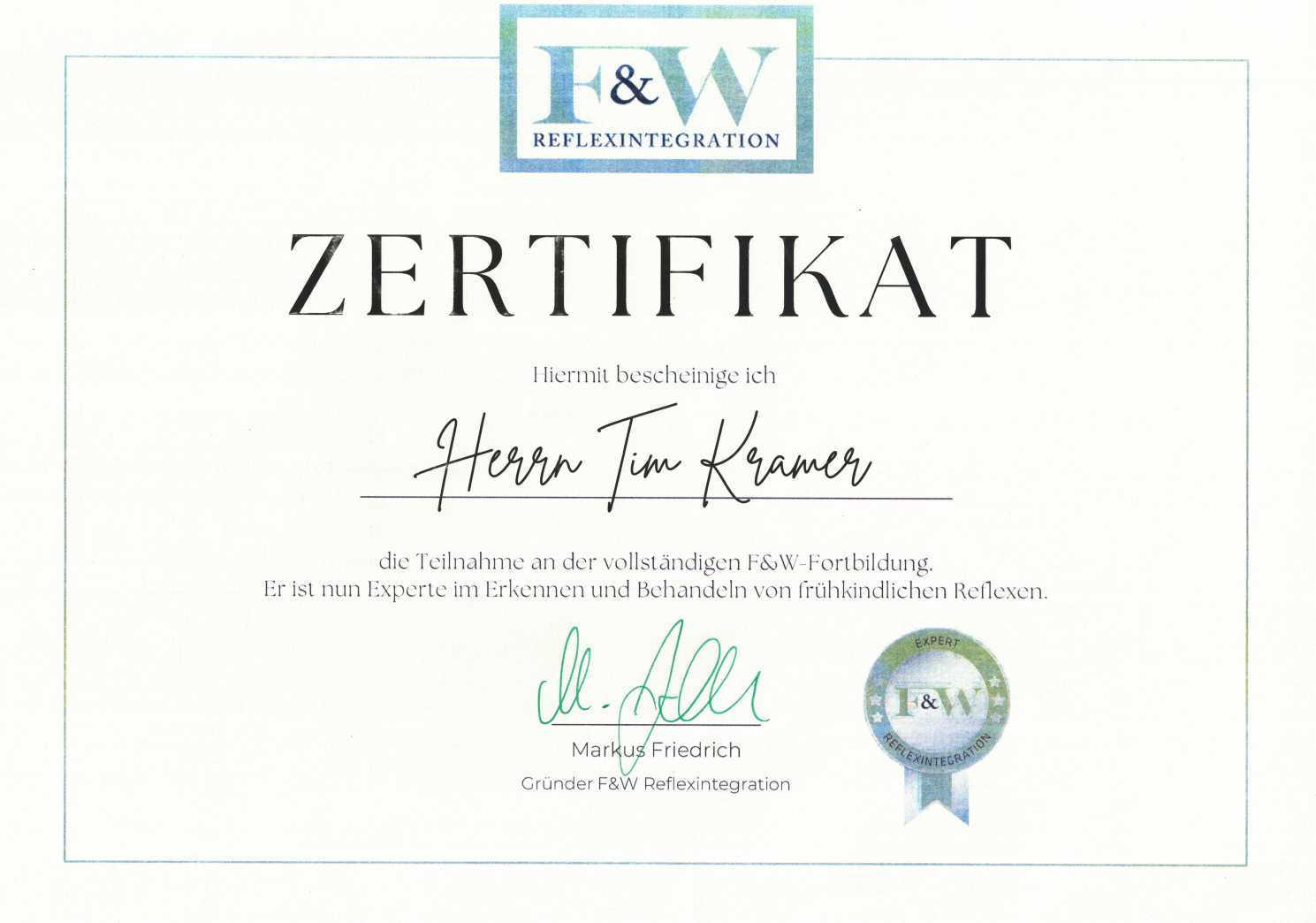 Vorschau des Zertifikats F&W Reflexintegration® von Tim Kramer