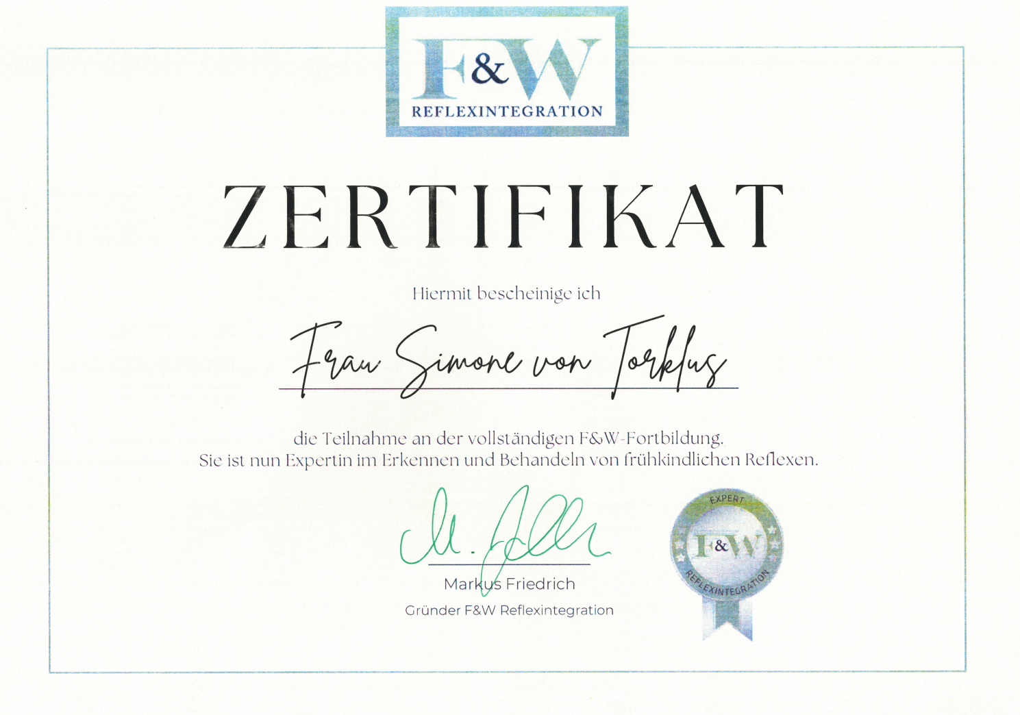 Vorschau des Zertifikats F&W Reflexintegration® von Simone von Torklus
