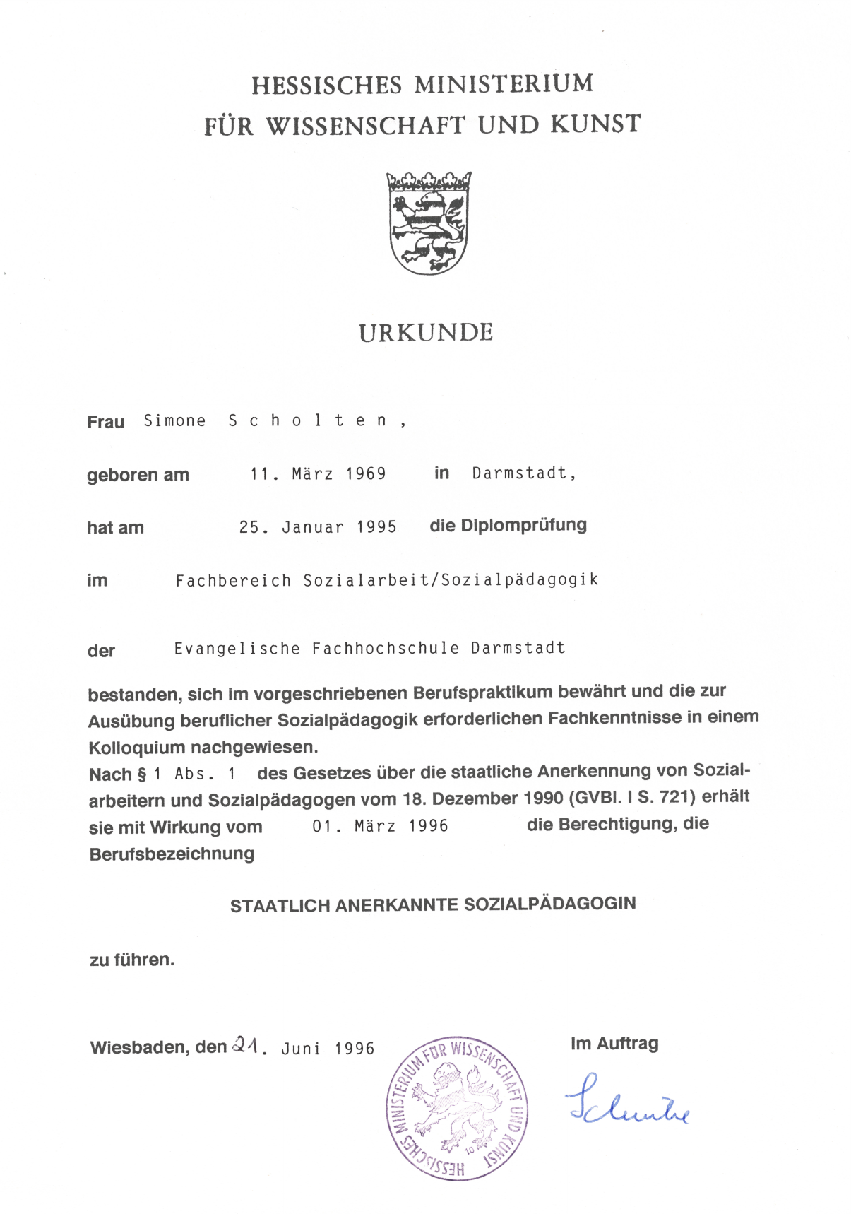 Vorschau des Zertifikats Diplom Sozialpädagogin von Simone von Torklus