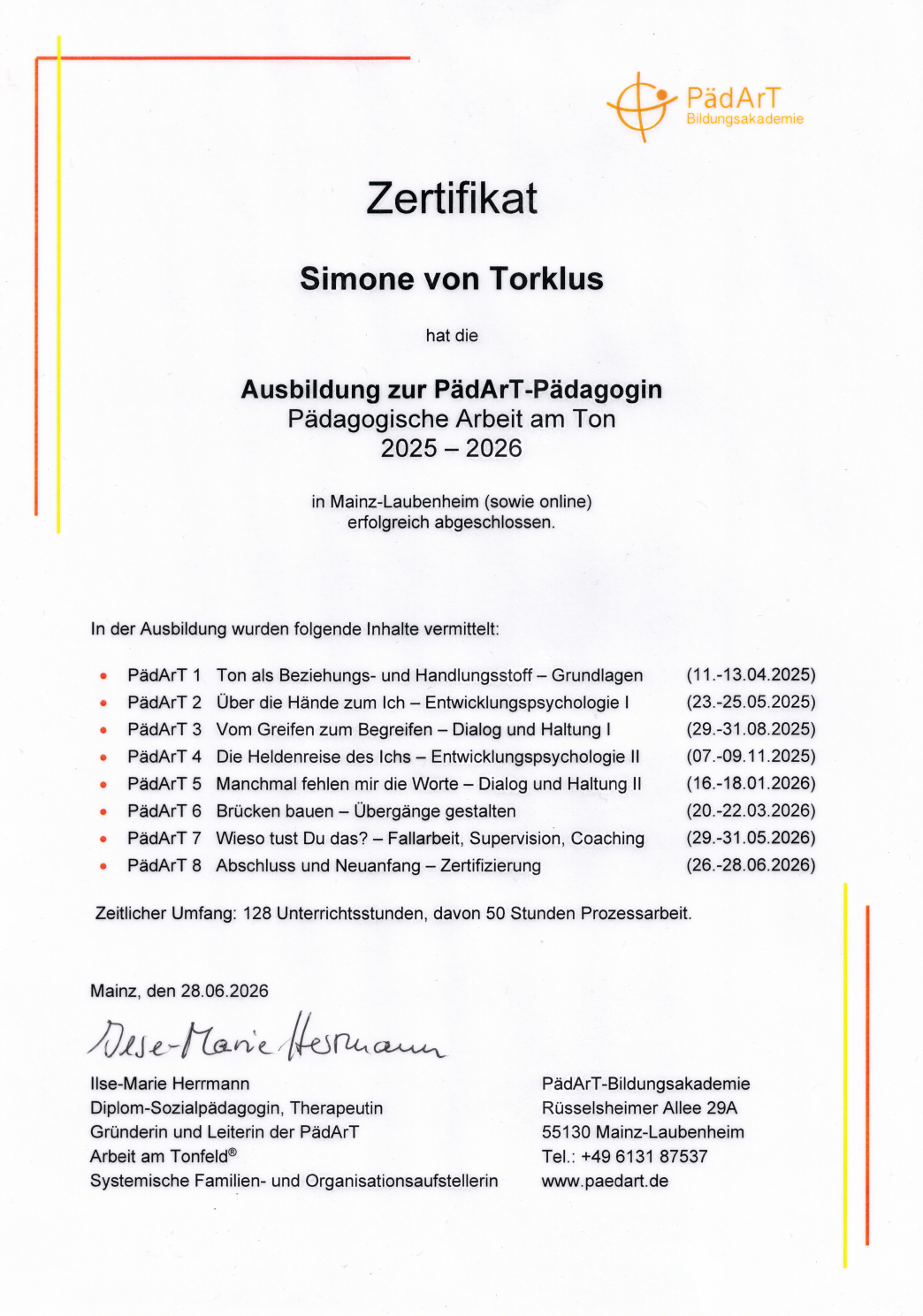 Vorschau des Zertifikats PädArT® – Pädagogische Arbeit am Ton von Simone von Torklus